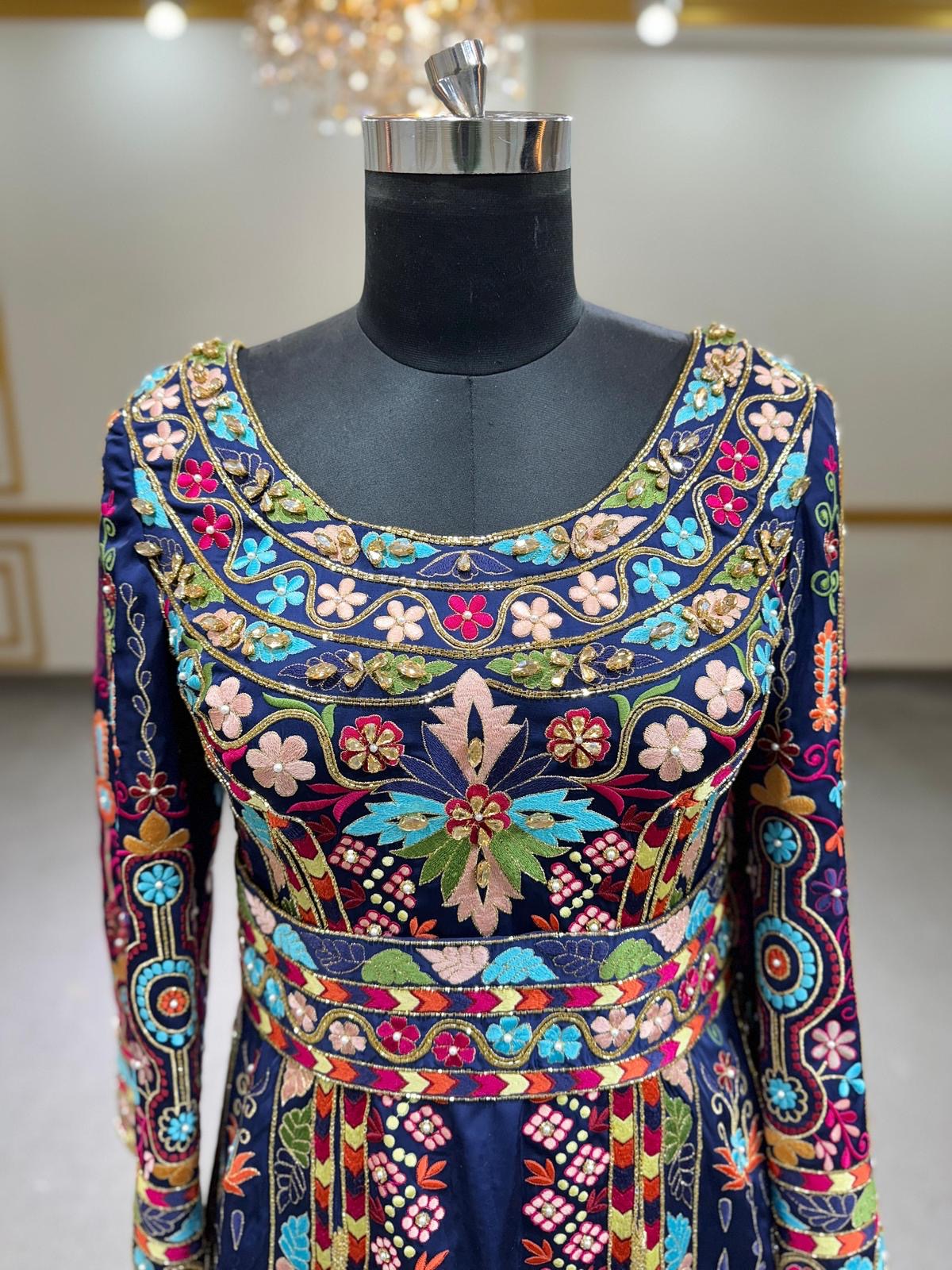 Elegant Floral Blue Stone Thobe Dress