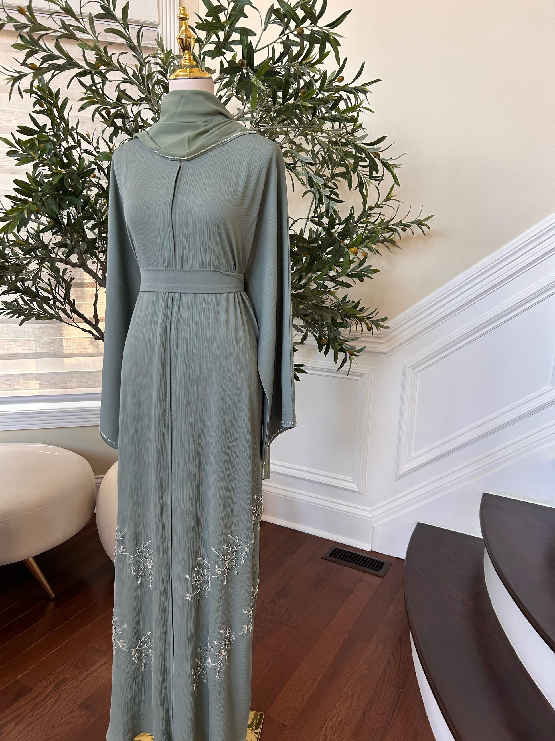 Mint Green Crystal Beaded Abaya
