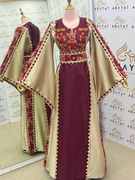 Burgundy & Champagne Palestinian Thobe – Embroidered Tatreez Maxi Dress