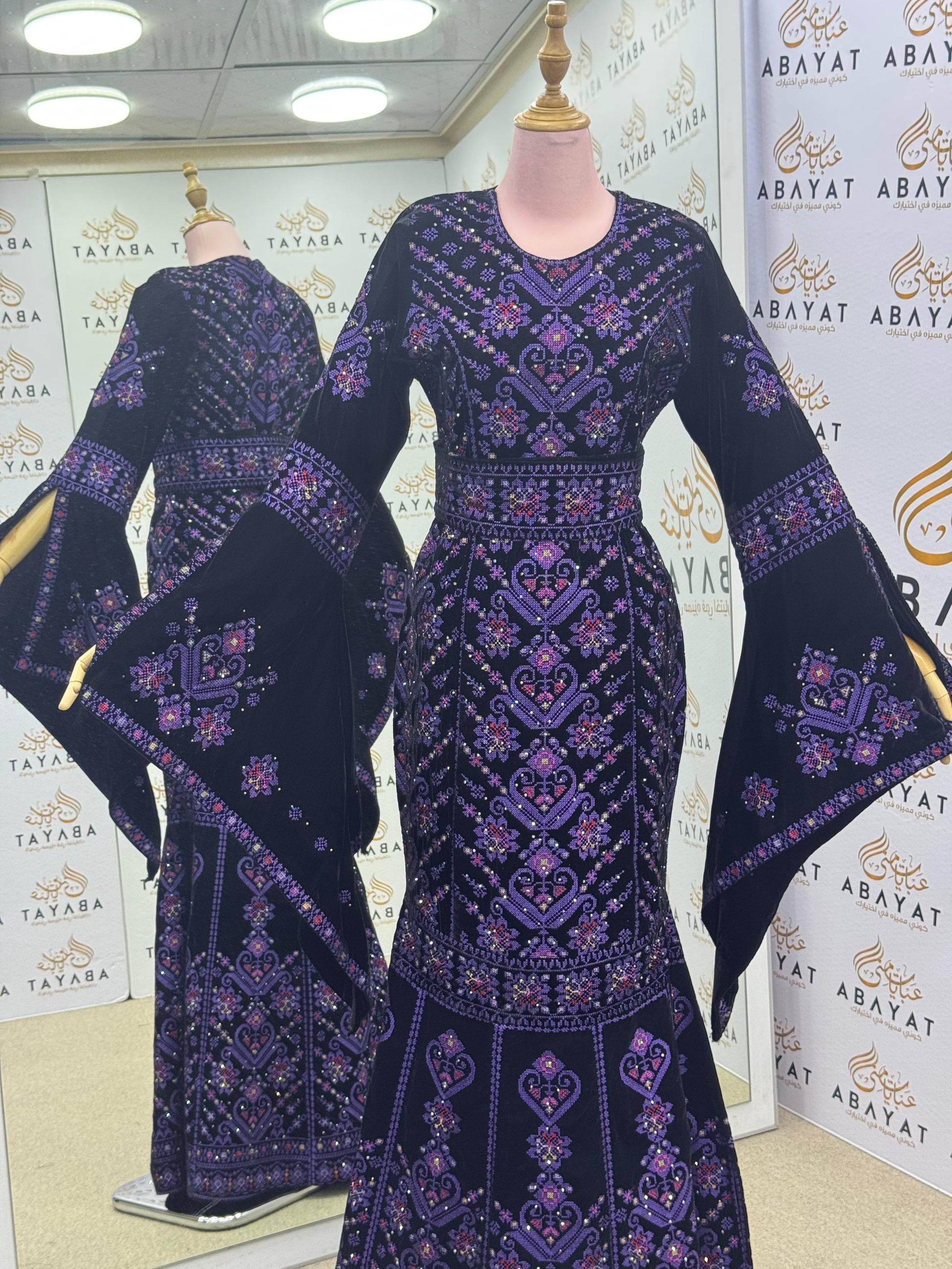 Black Velvet Palestinian Thobe – Purple Tatreez Embroidery with Belt A09042025