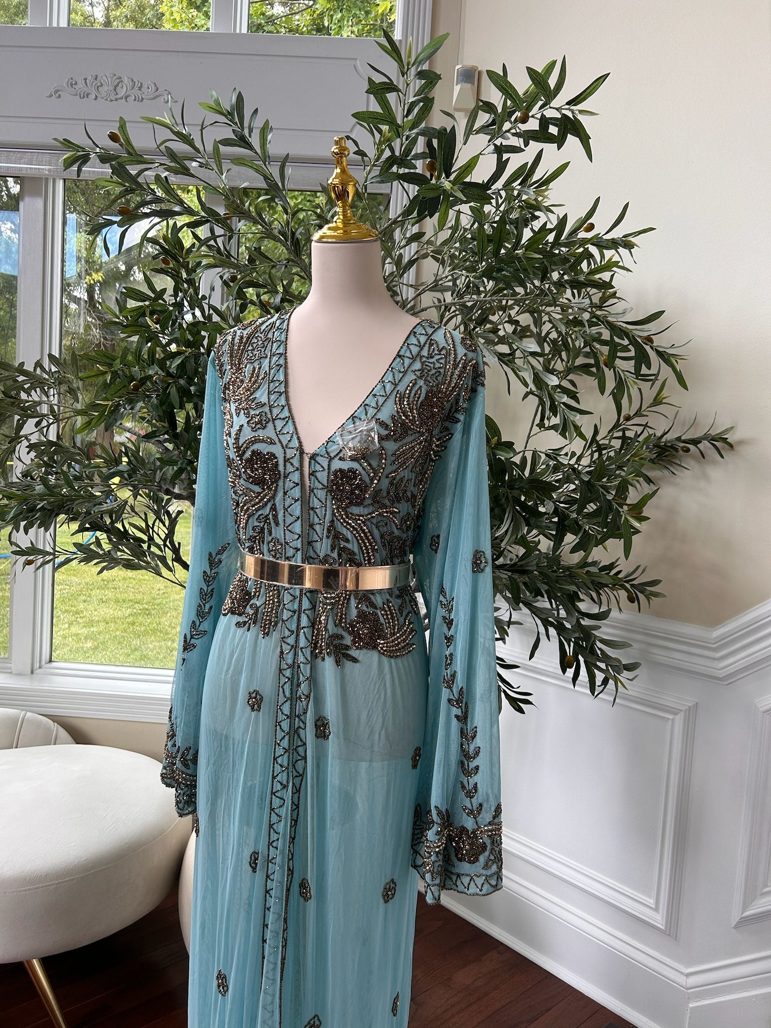 Mint Blue Golden Charm Cardigan Abaya