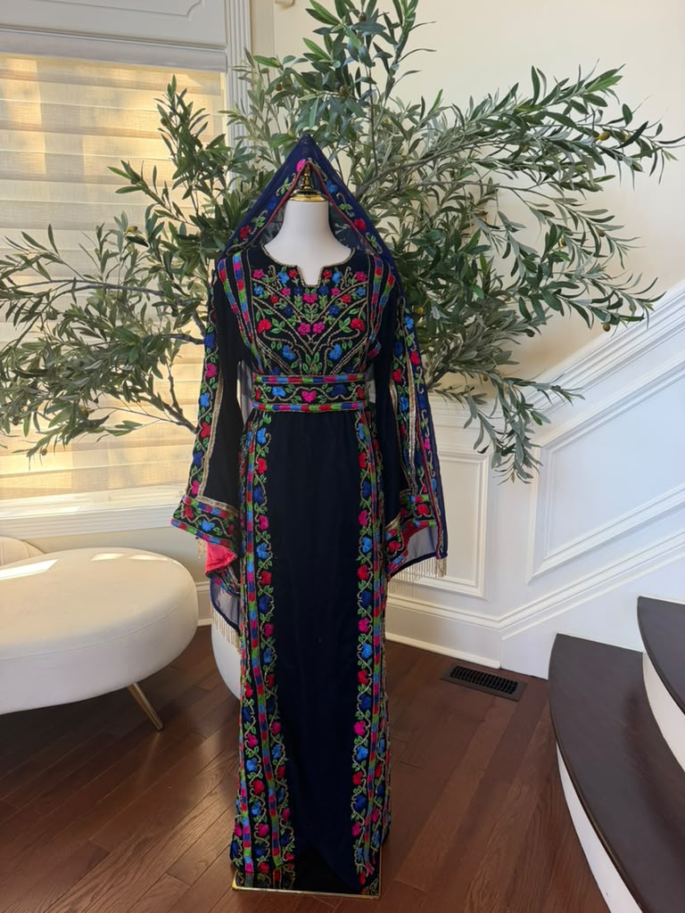 Elegant Navy Blue Velvet Palestinian Thobe with Vibrant Multicolor Floral Embroidery(scarf not included)