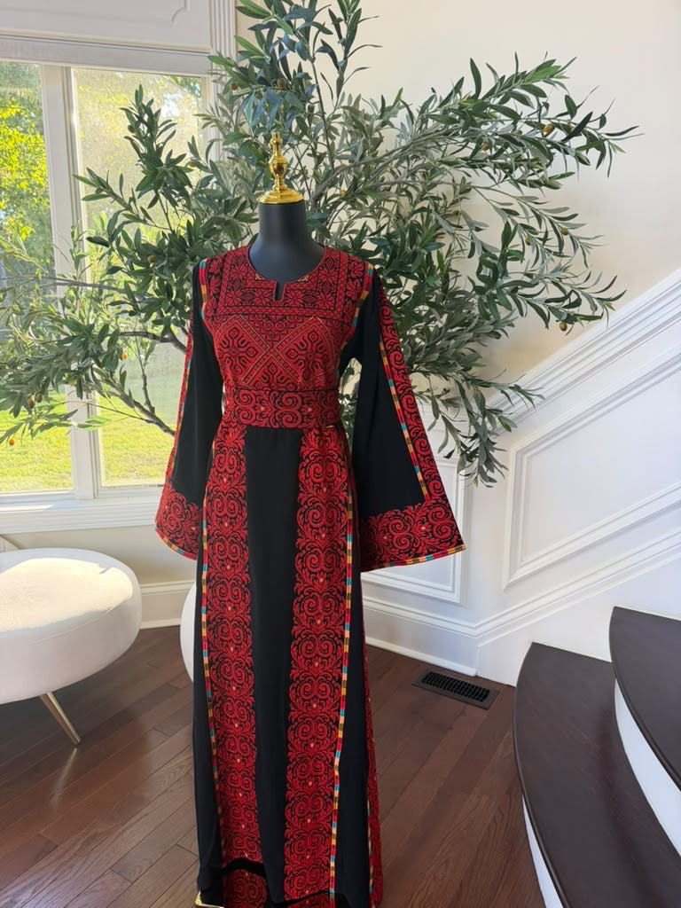 Elegant Black & Red embroidered Palestinian Thobe Dress
