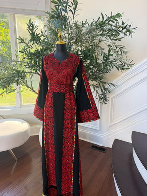 Elegant Black & Red embroidered Palestinian Thobe Dress