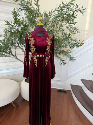 Velvet Red Crystal Beaded Two Peice Abaya