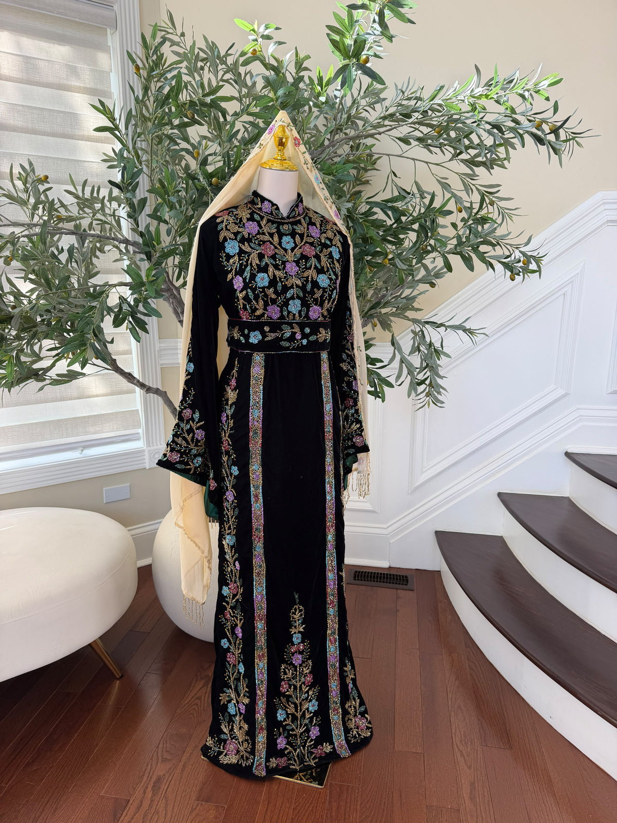 Elegant Black Velvet Thobe with Multicolor Floral Embroidery(scarf not included)
