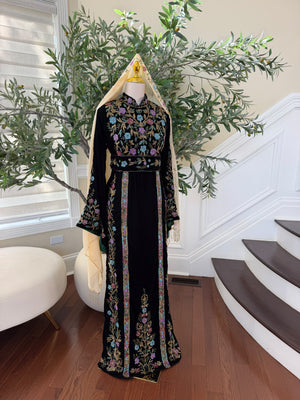 Elegant Black Velvet Thobe with Multicolor Floral Embroidery(scarf not included)