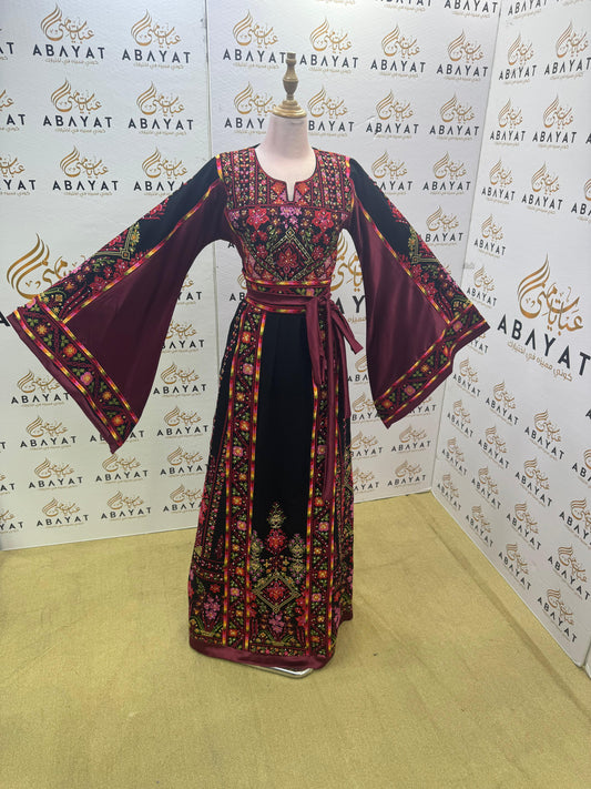 Traditional Palestinian Embroidered Thobe – Burgundy Floral Heritage Dress