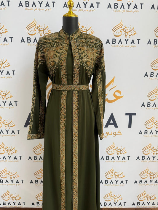Elegant Tatreez Golden Green Dress