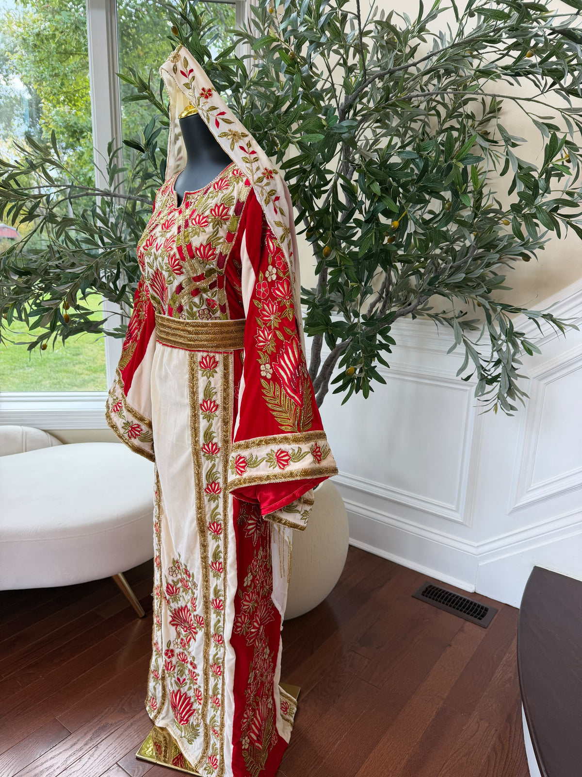 Elegant Cream and Red Thobe with Gold Floral Embroidery(scarf not included)