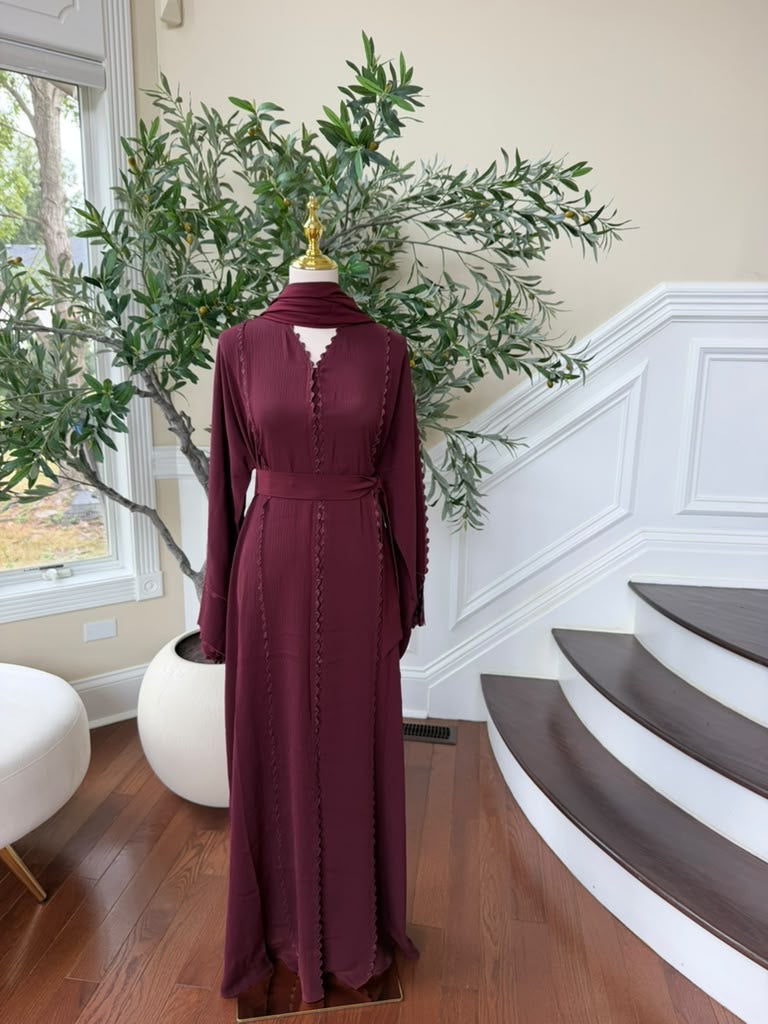 Burgundy Elegance Beaded Charm Abaya