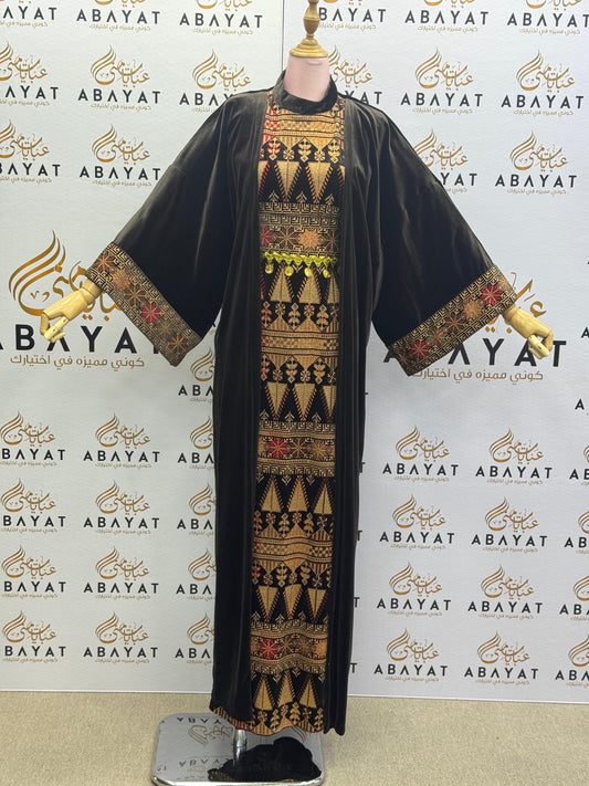 Chocolate Brown Palestinian Thobe with Golden Tatreez Embroidery A1968