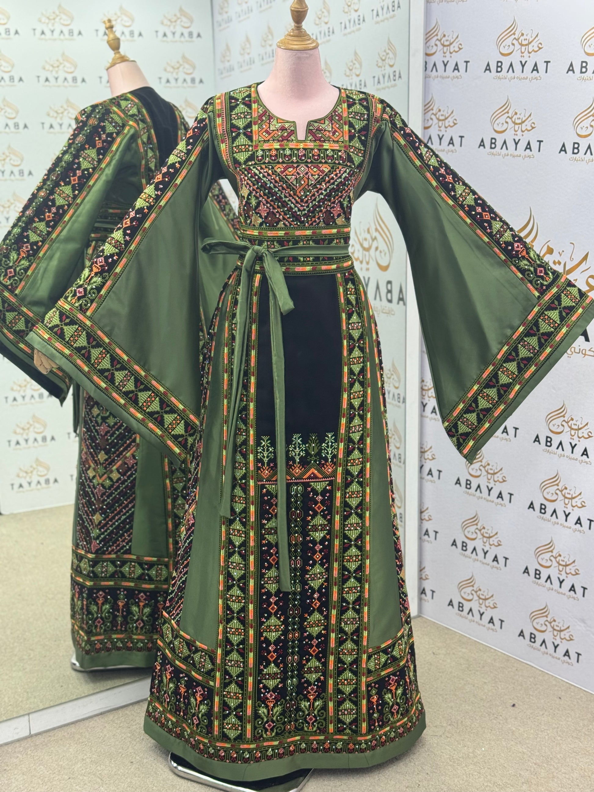 Sage Green Palestinian Thobe – Mixed Velvet & Satin Fabric with Tatreez Design