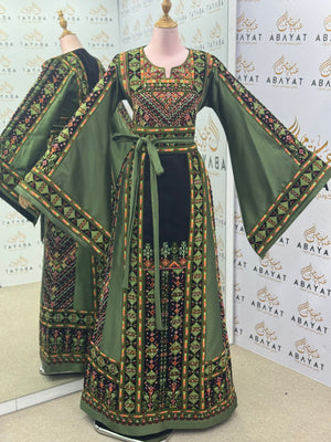 Sage Green Palestinian Thobe – Mixed Velvet & Satin Fabric with Tatreez Design