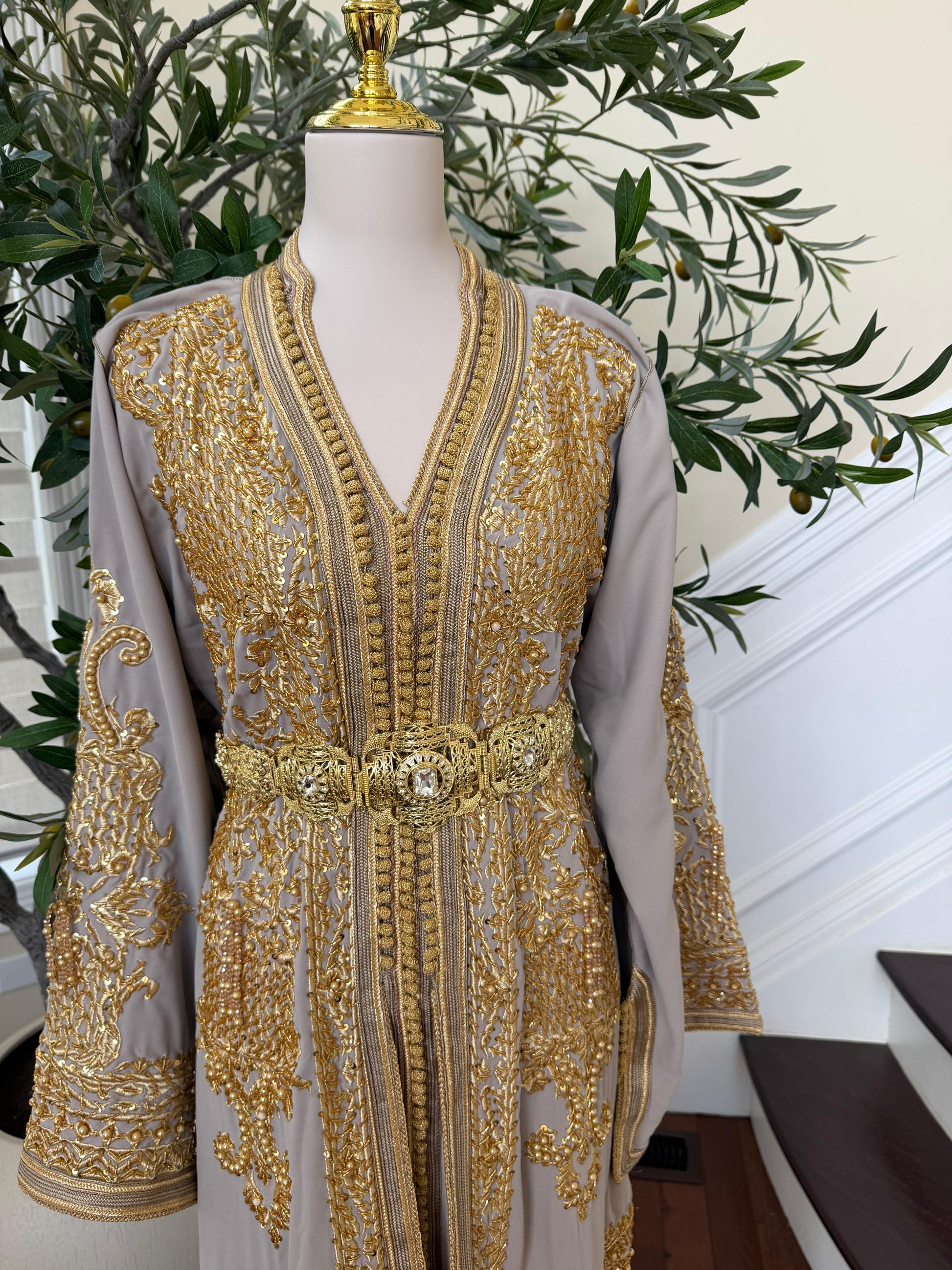 Golden Grey Beaded Elegance Kuftan