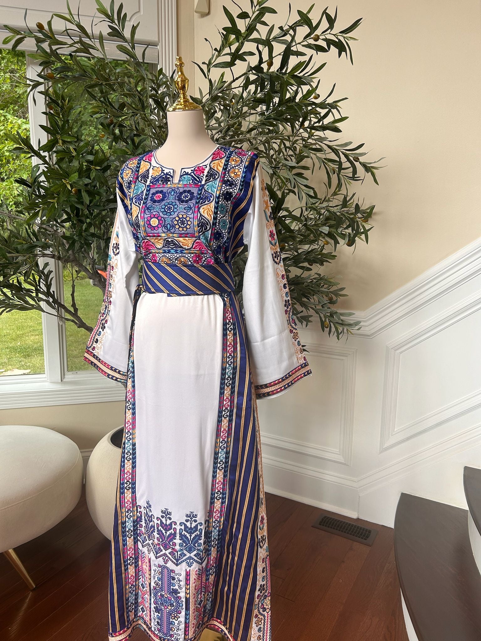 White Embroidery Blue Tatreez Detail Thobe