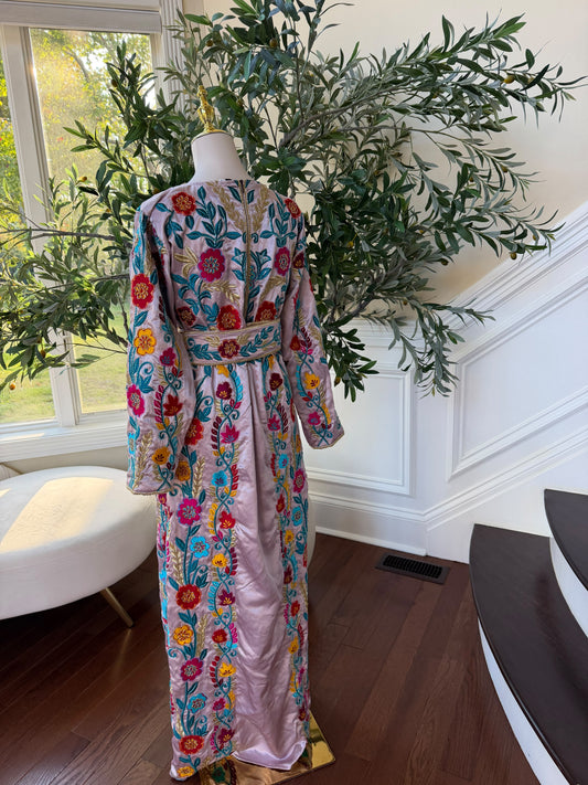 Blush Pink Palestinian Stone Thobe with Vibrant Multicolor Floral Embroidery(scarf not included)