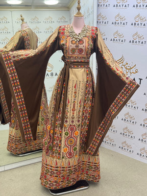 Premium Palestinian Embroidered Malakah Thobe – Golden Brown