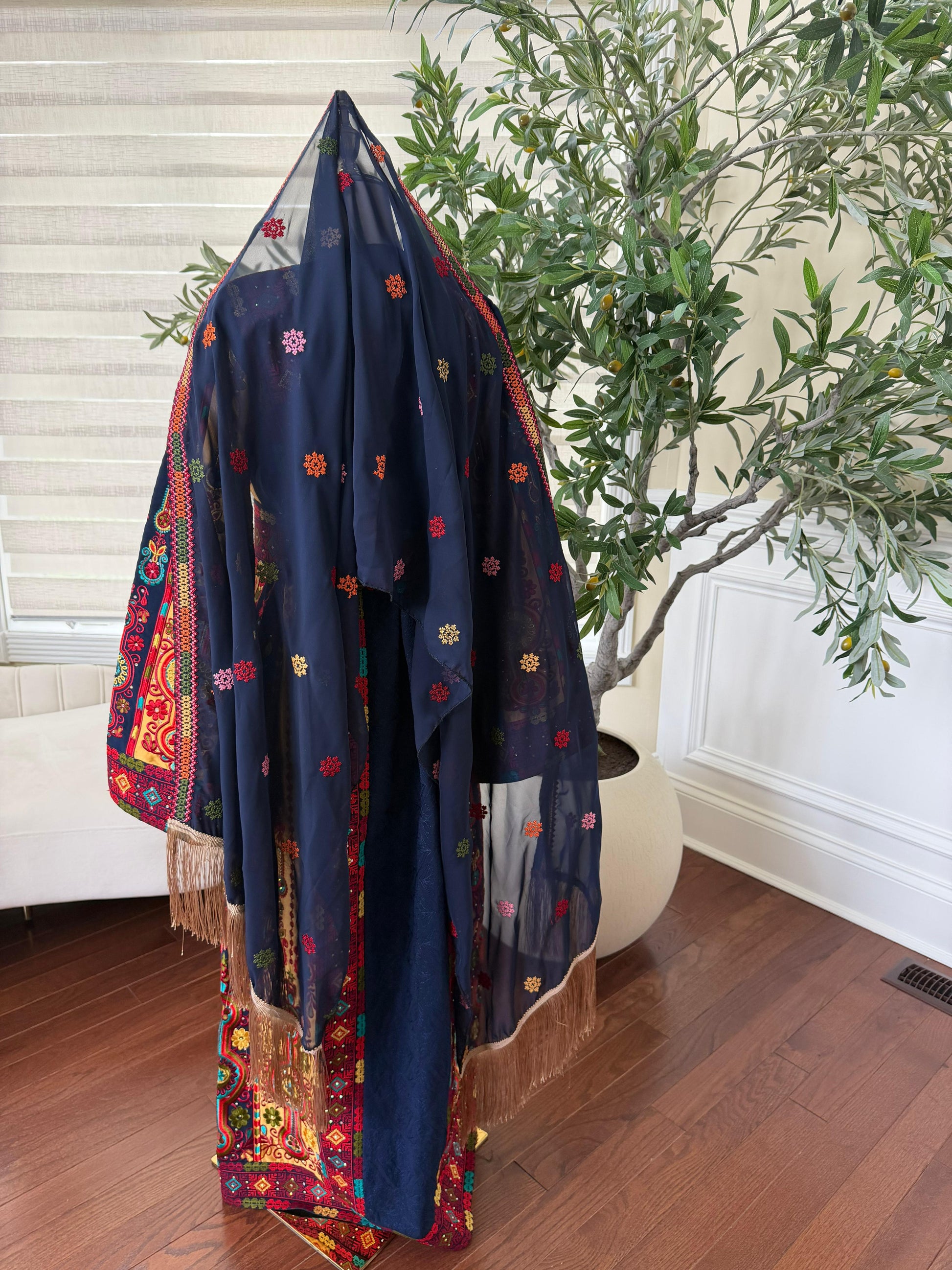 Navy Blue Tatreez Khirka Shal Mandil