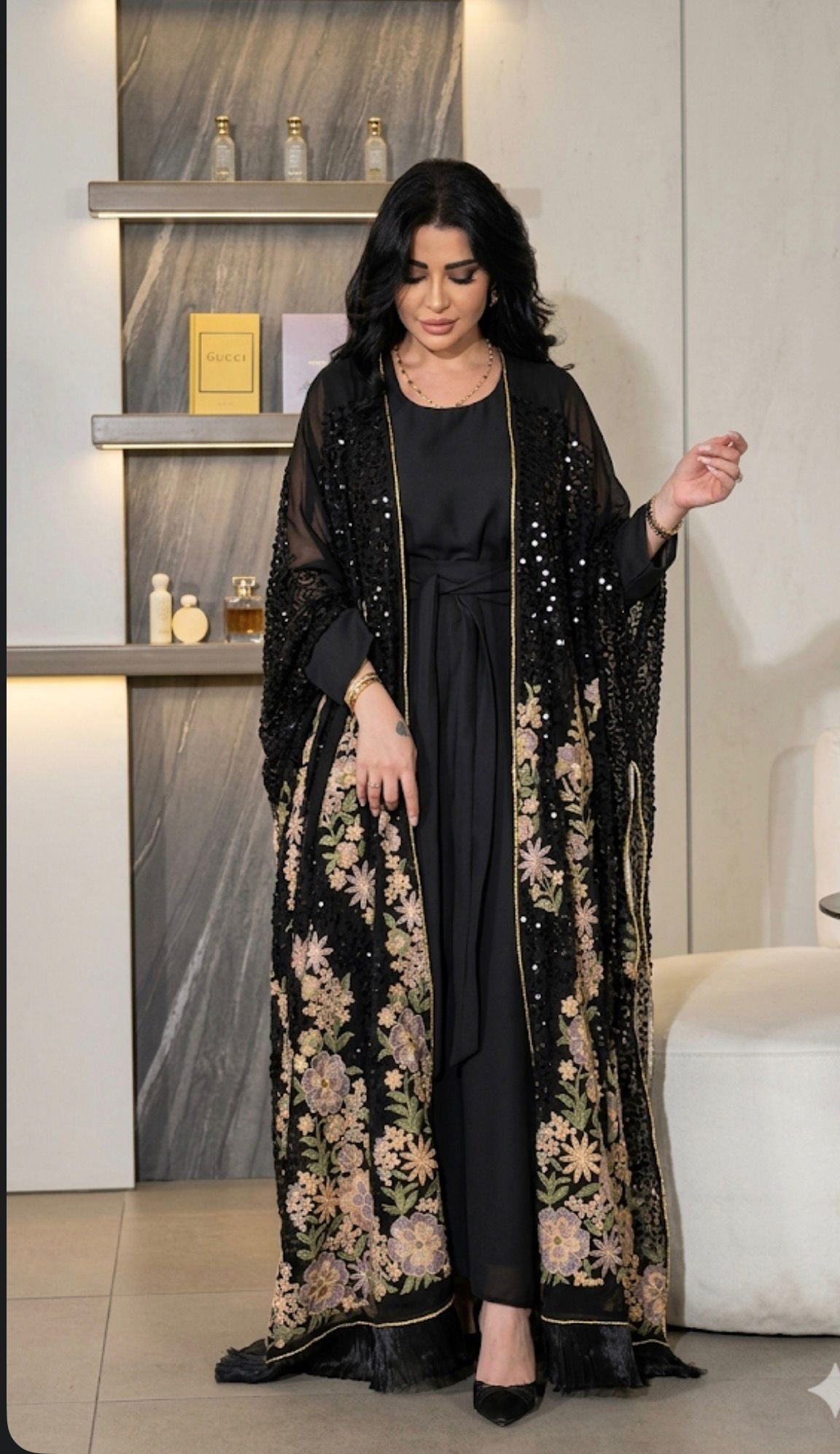 Black Sparkle Floral Abaya