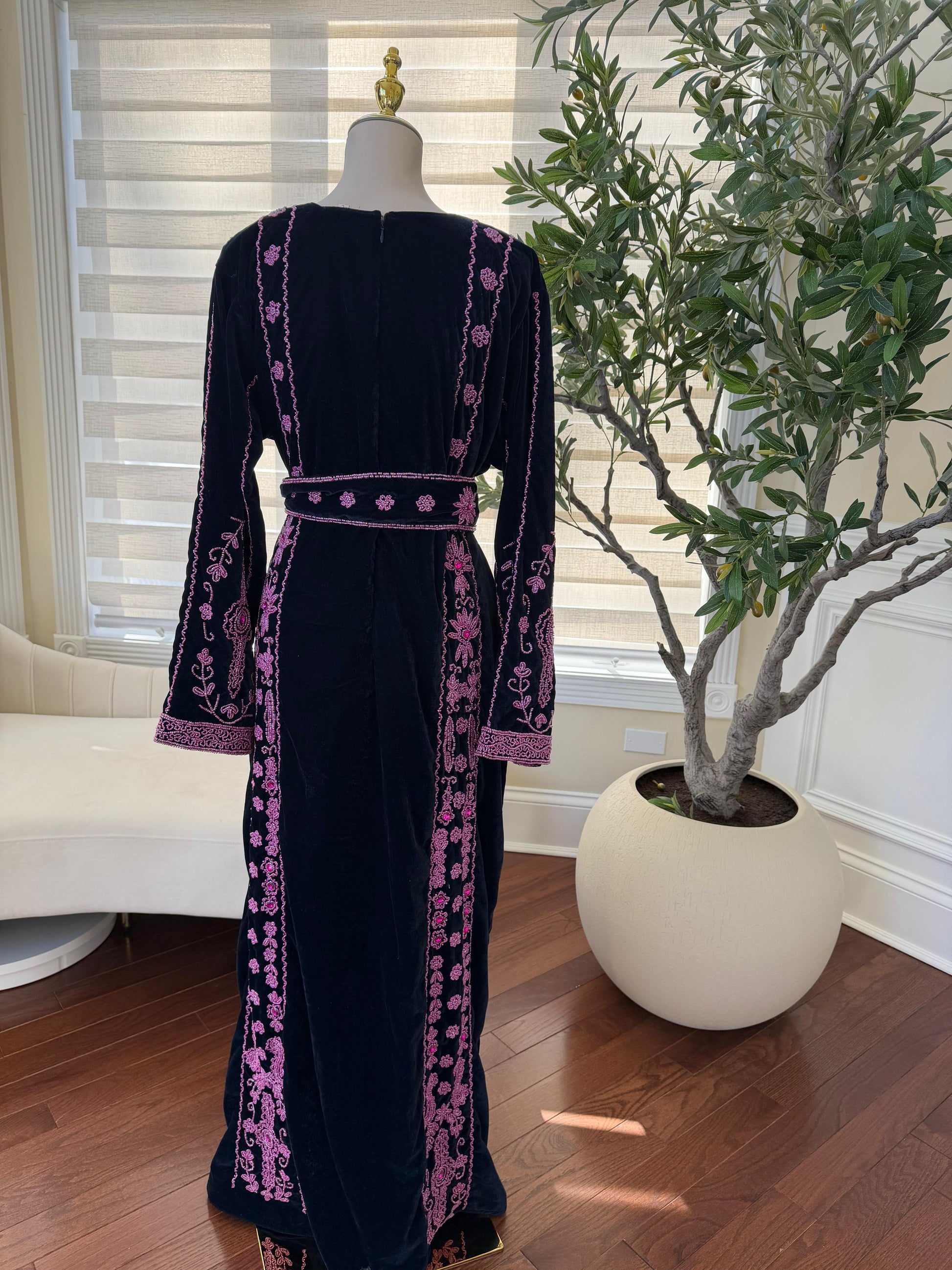 Navy Blue Velvet Pink Stone Thobe