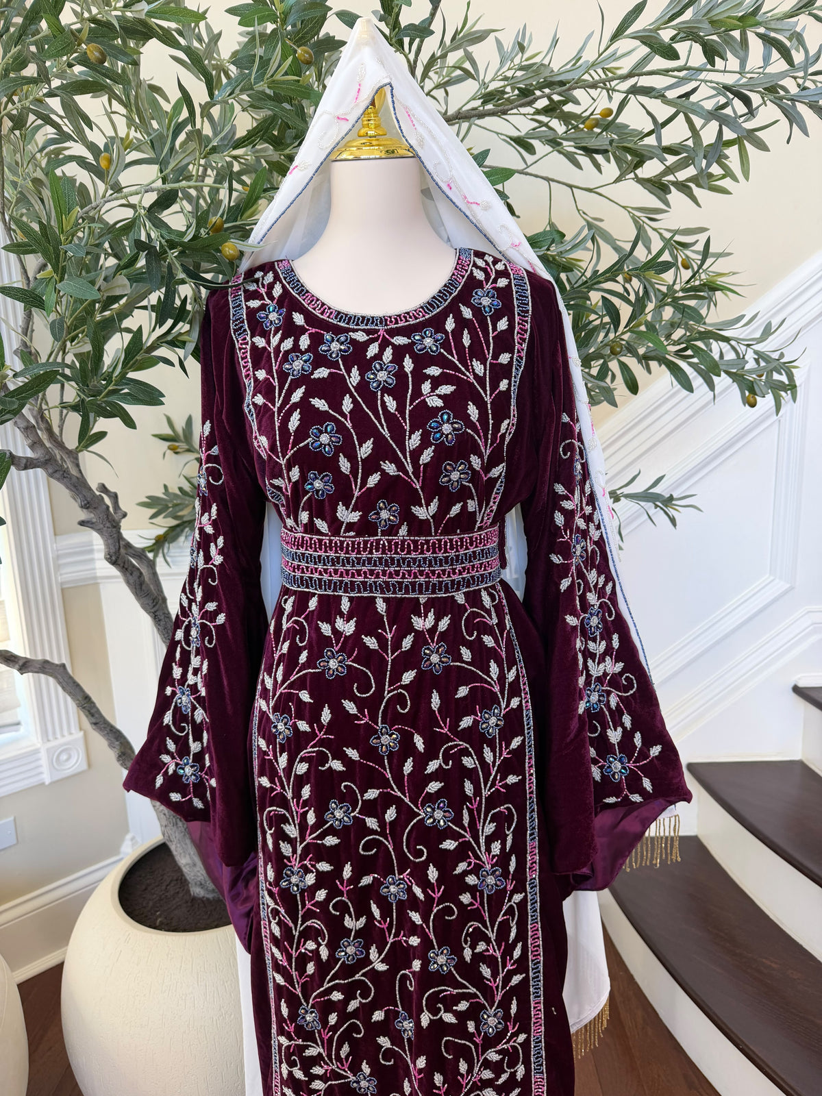 Elegant Burgundy Velvet Thobe with Blue and Silver Floral Embroidery (scarf not included)