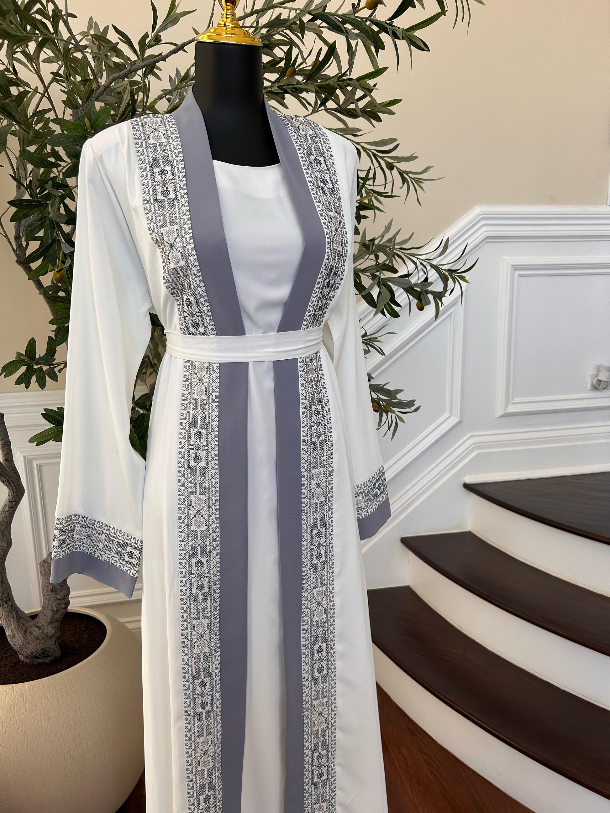 White And Grey Tatreez Beaded Two Piece Abaya
