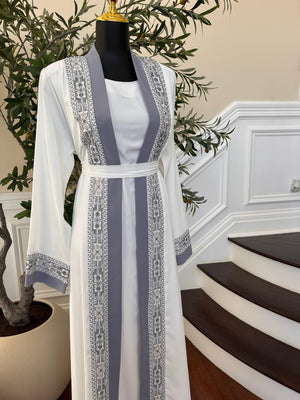 White And Grey Tatreez Beaded Two Piece Abaya