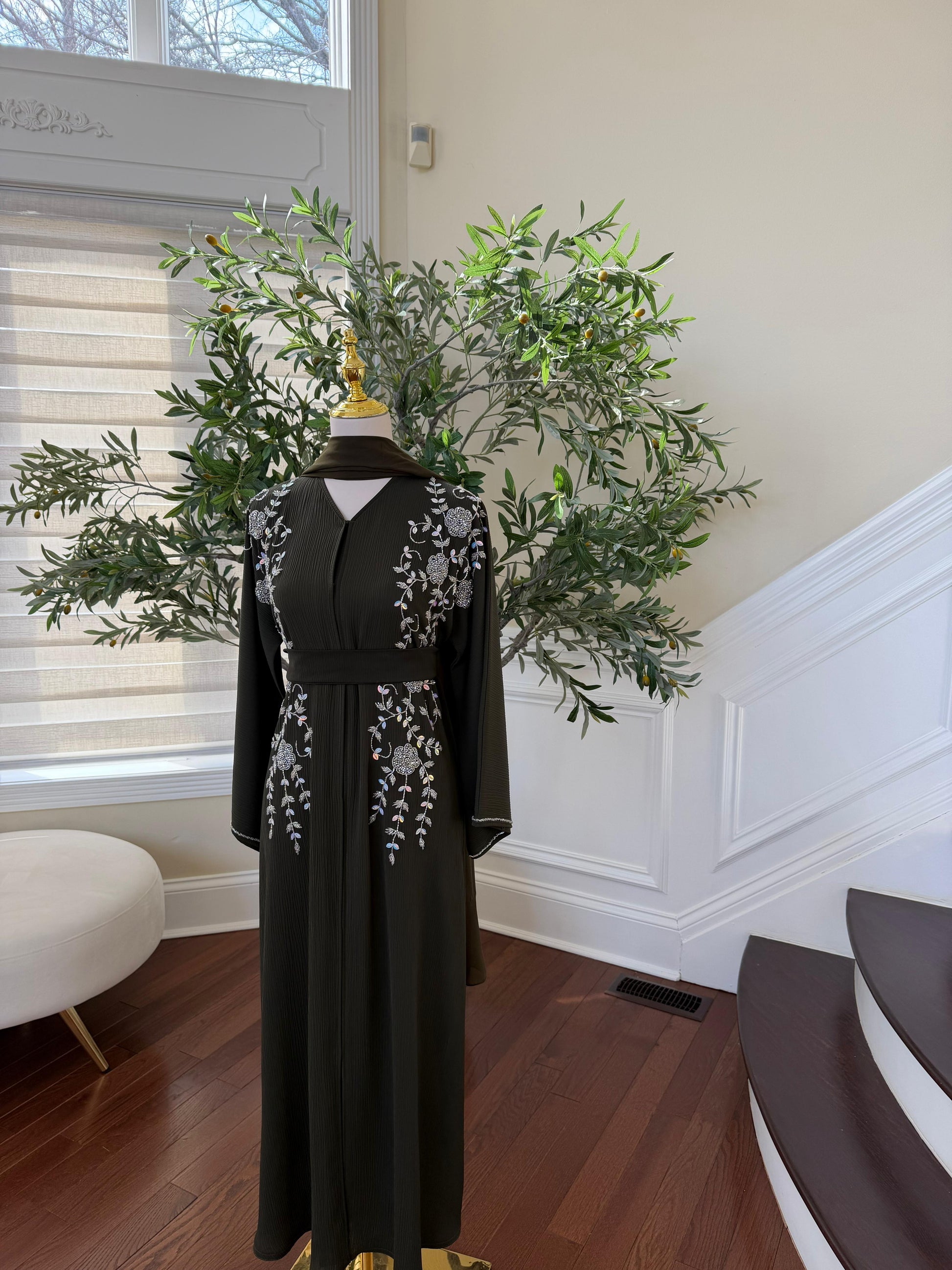 Green Floral Silver Stone Abaya