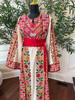 White Floral Embroidery Tatreez Thobe