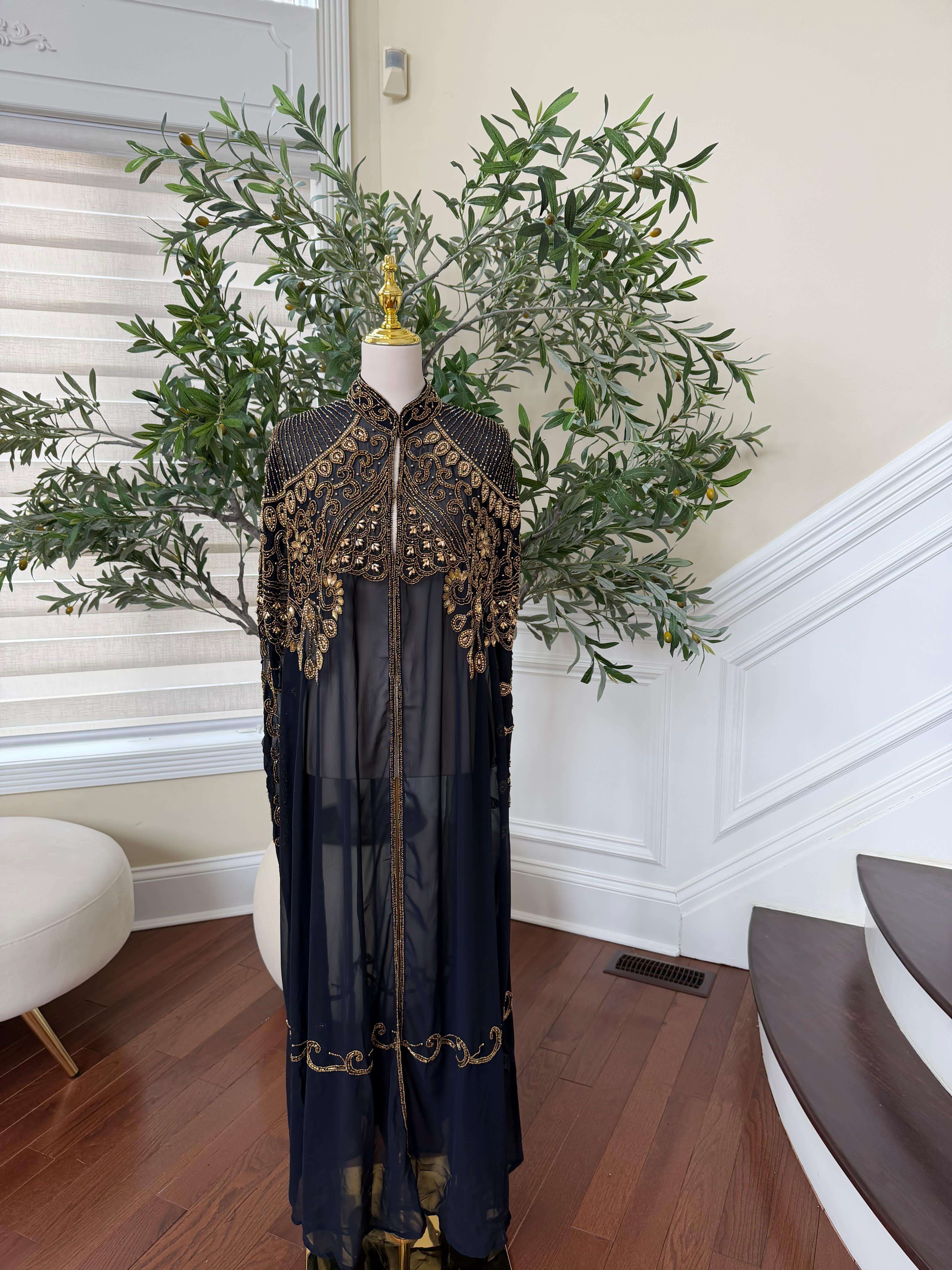 Navy Blue Golden Sequence Stone Cardigan Abaya