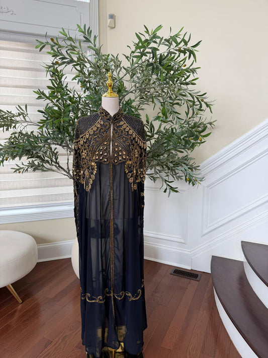 Navy Blue Golden Sequence Stone Cardigan Abaya