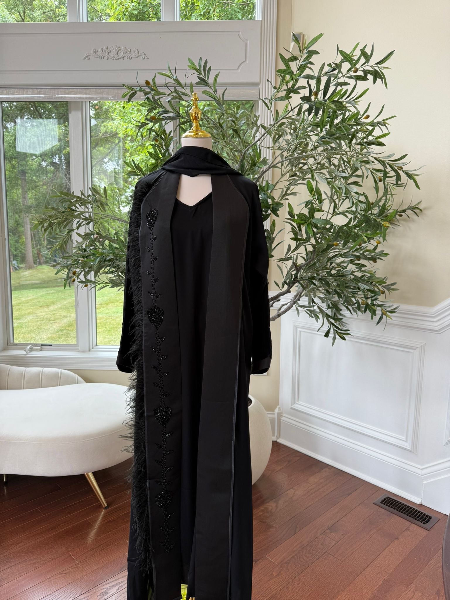 Beaded Black Embellishment with Luxe Feather Detailing