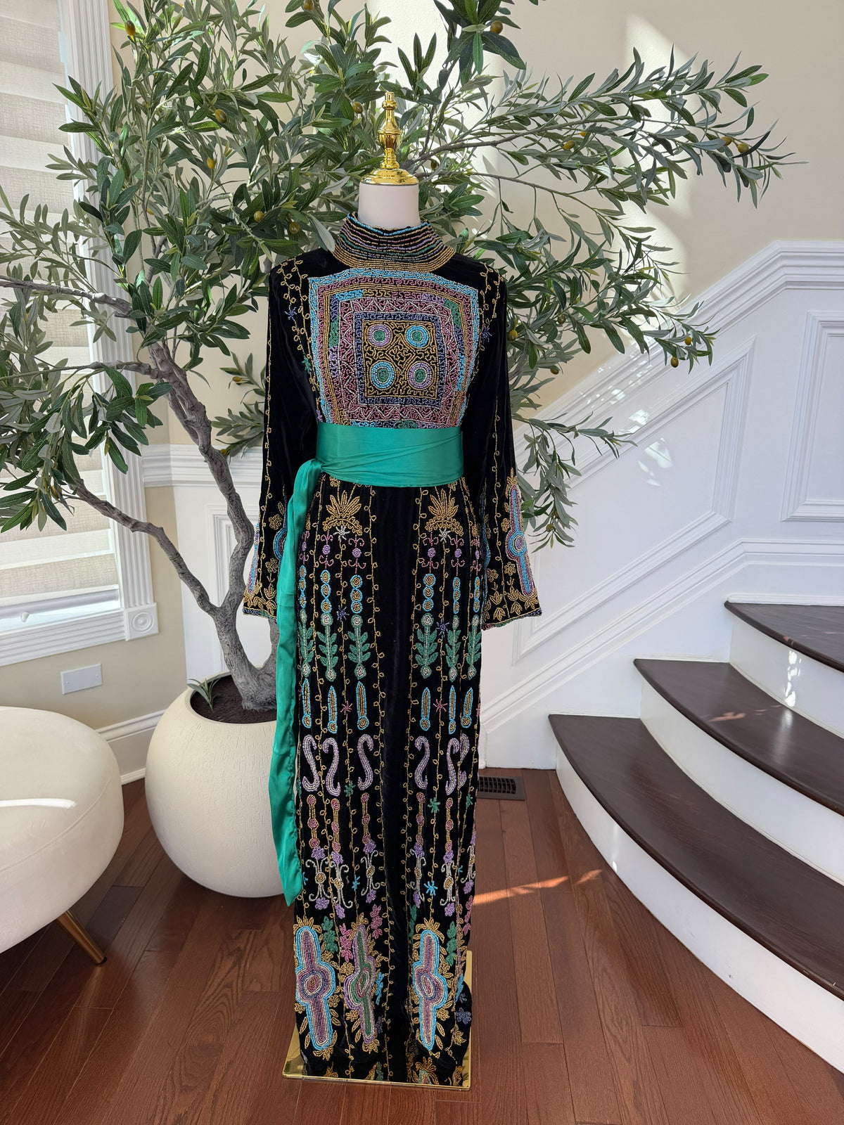 Elegant Black Palestinian Embroidered Thobe with Multicolor Detailing and Turquoise Sash (scarf not included)