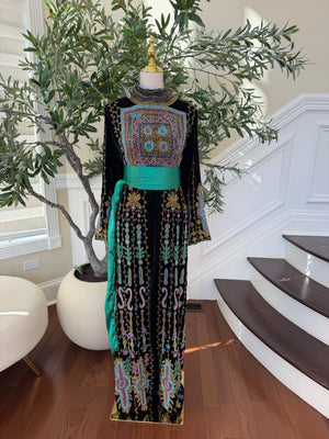 Elegant Black Palestinian Embroidered Thobe with Multicolor Detailing and Turquoise Sash (scarf not included)
