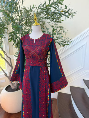 Elegant Navy & Red Embroidered Palestinian Thobe Dress