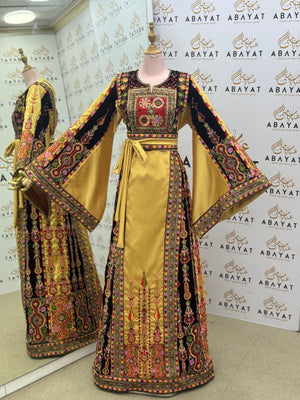 Premium Palestinian Malakah Thobe – Gold Satin & Black Velvet Embroidery