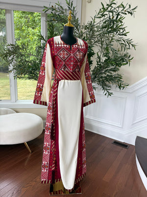 Embroidery Red Tatreez Off White Thobe
