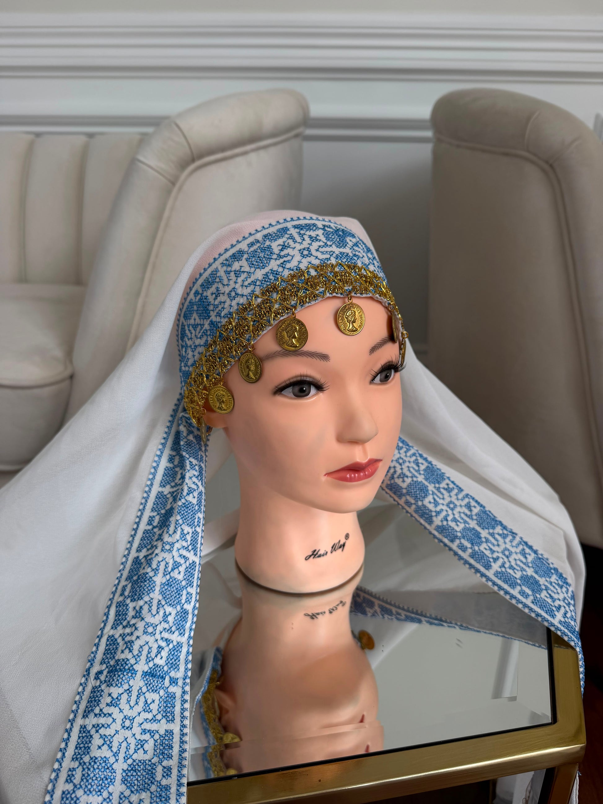 White Embroidery Baby Blue Tatreez Khirka Shal