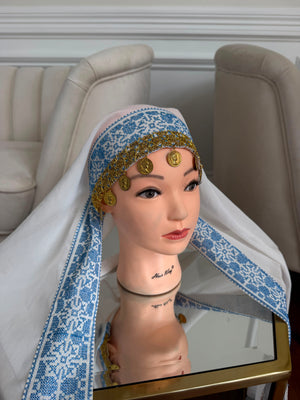 White Embroidery Baby Blue Tatreez Khirka Shal