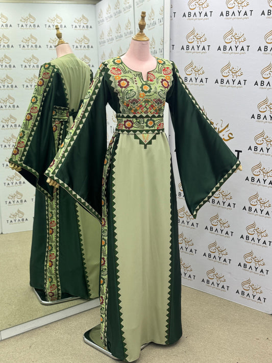 Traditional Palestinian Thobe in Light & Dark Green with Floral Tatreez