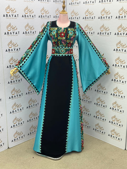 Turquoise & Black Palestinian Embroidery Thobe – Vibrant Heritage Elegance A09102025