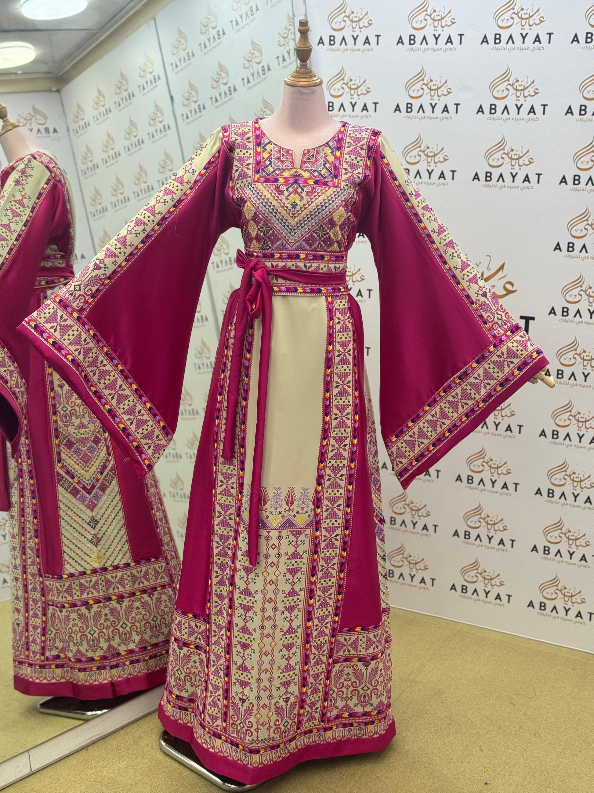 Palestinian Heritage Embroidered Thobe – Magenta & Ivory