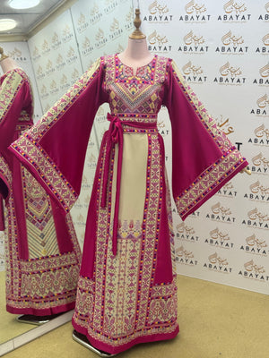 Palestinian Heritage Embroidered Thobe – Magenta & Ivory