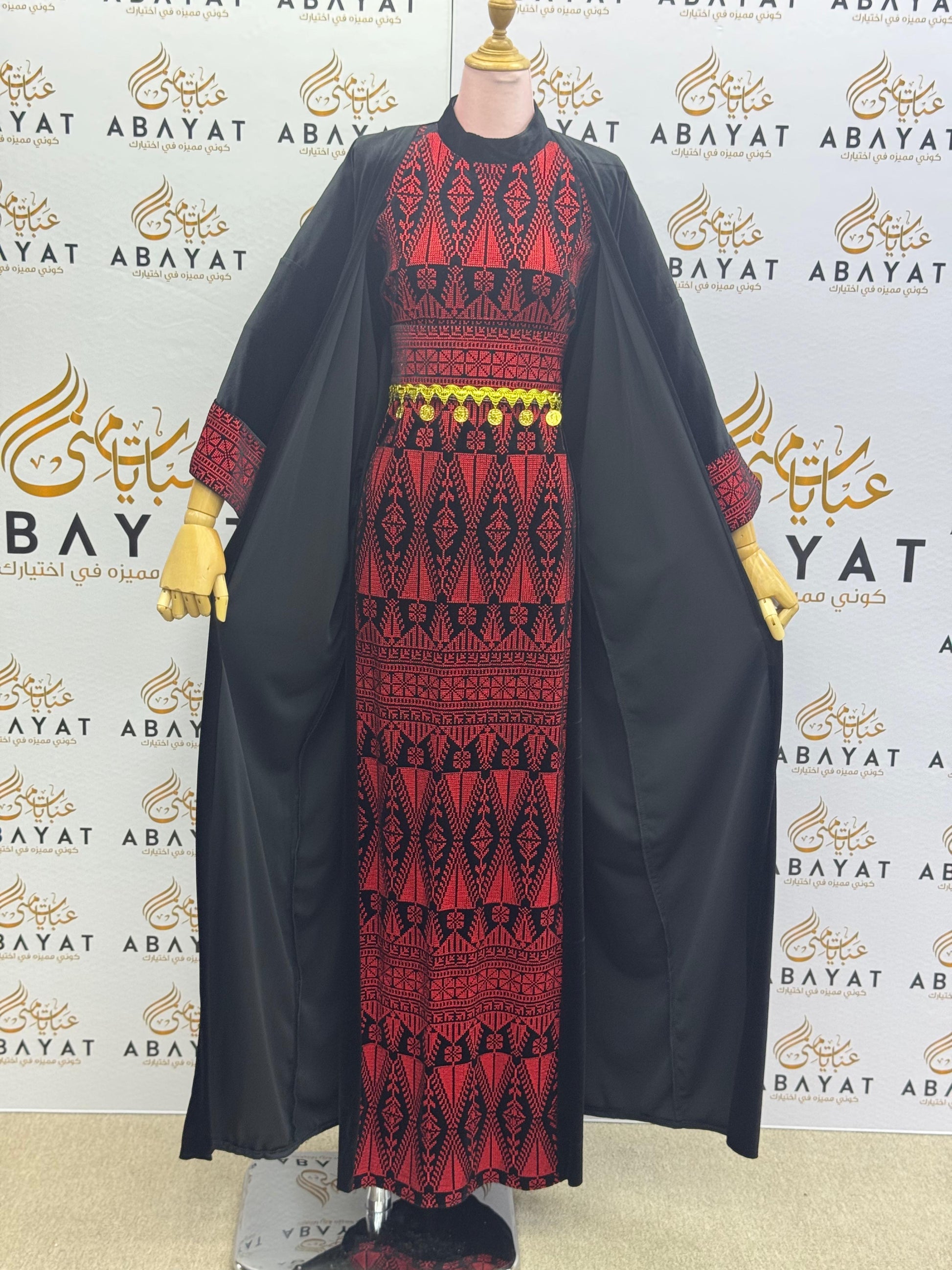 Black & Red Palestinian Thobe with Traditional Tatreez Embroidery and Open Abaya A1968
