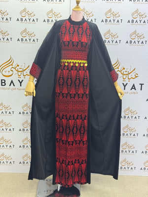 Black & Red Palestinian Thobe with Traditional Tatreez Embroidery and Open Abaya A1968