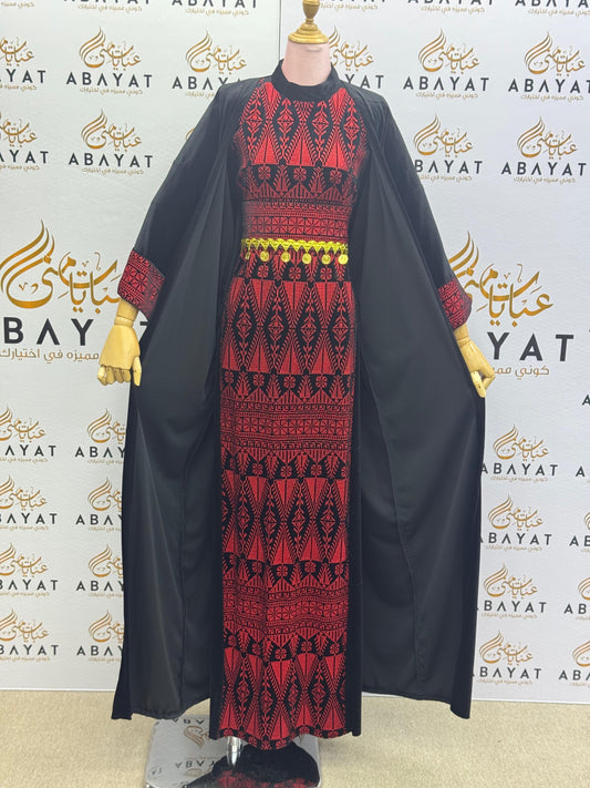 Black & Red Palestinian Thobe with Traditional Tatreez Embroidery and Open Abaya A1968