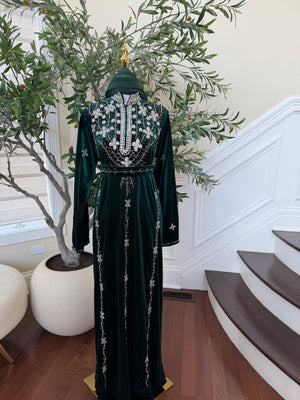 Green Velvet Crystal Elegance Beaded Abaya
