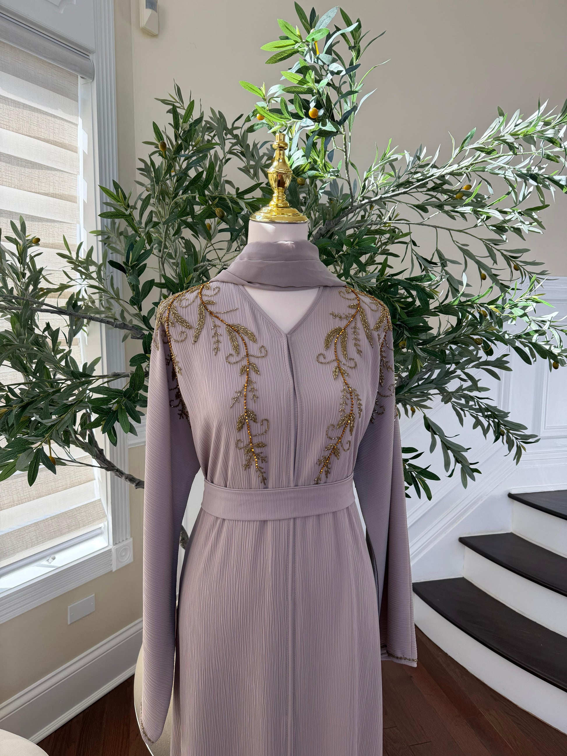 Cream Golden Floral Abaya
