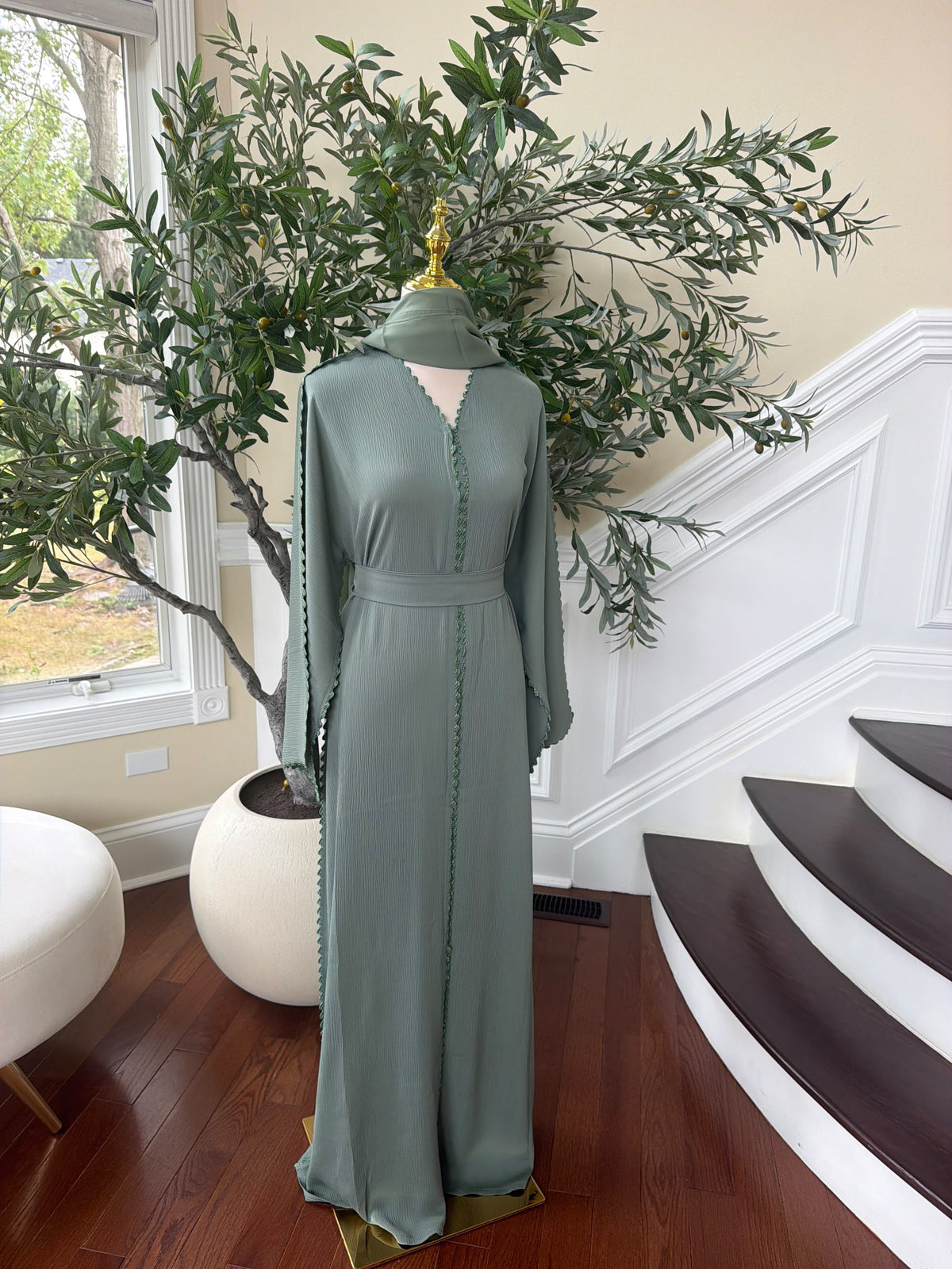 Mint Elegance Beaded Abaya